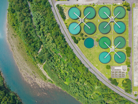 Aerial Water Treatment Plant River Landscape View