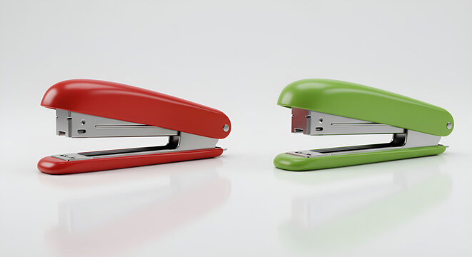 Two brightly colored staplers on a minimalist white background.