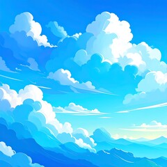 Vivid illustration of a bright blue sky with fluffy white clouds and distant mountains.