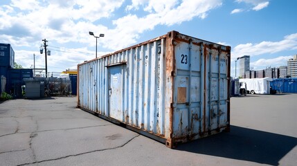 Fototapeta premium Rusted shipping container on paved ground.