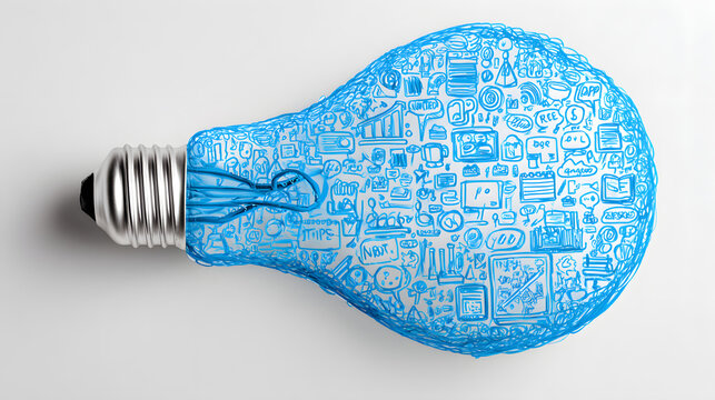 Light bulb shaped blue speech bubble filled with top tips and best practices against a clean white background, promoting innovative ideas and effective strategies