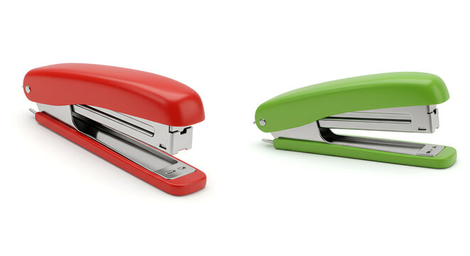 Two brightly colored staplers on a minimalist white background.