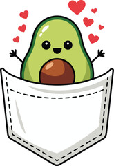 Cute kawaii avocado with hearts peeking out of a white pocket