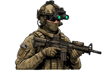 Soldier in Tactical Gear with Night Vision Goggles and Rifle