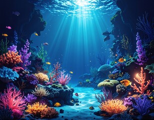 Obraz premium A vibrant underwater scene teeming with colorful corals in various shapes and sizes, surrounded by schools of lively tropical fish darting playfully.