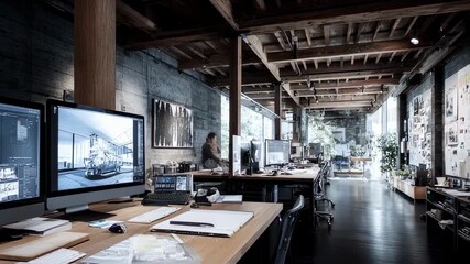 Innovative architect immersed in the process of digital architecture combining traditional drafting methods with cuttingedge software in a sleek design studio.