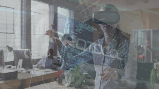 Developer settling VR headset raising hand in tech hub navigating holographic analytics and code