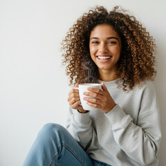 Young Woman Holding A Cup Of Tea And Smiling, Cozy Clothing, White Background