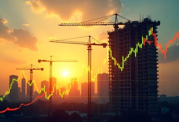 Sunset over high-voltage power lines with digital trend graphs, illustrating energy market pricing, renewable resources, and sustainable electricity infrastructure in a modern technological landscape.