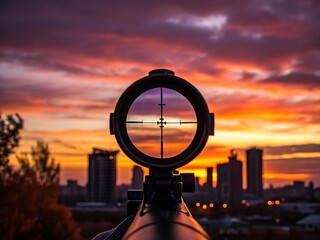 Sniper rifle scope aiming at cityscape sunset target practice precision shooting long range weapon firearm