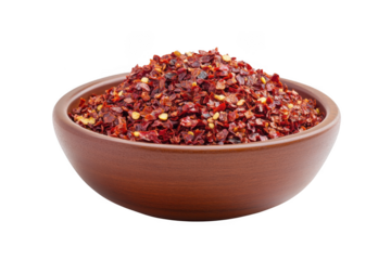 Bowl of crushed red pepper flakes, chili flakes, spicy seasoning, cooking ingredient, food photography, close up, macro isolated on transparent background