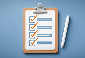 Flat icon of a clipboard with check marks, checklist with ticks, isolated on blue background, flat, checklist