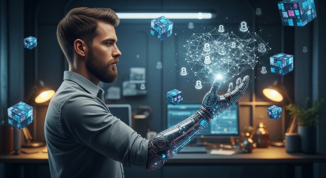 A young Caucasian man with a beard and short hair stands in an office, holding a glowing orb with digital data. He has a robotic arm and a focused expression.