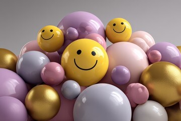 Happy easter eggs with smiley faces and pastel balloons