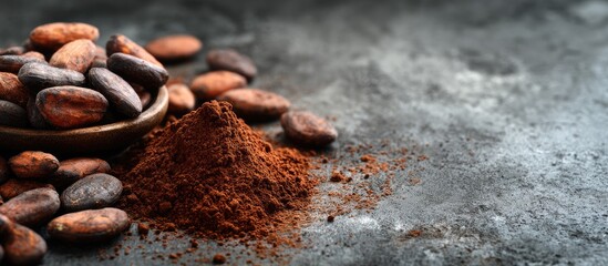 Fototapeta premium Cacao beans and cocoa powder on a dark surface
