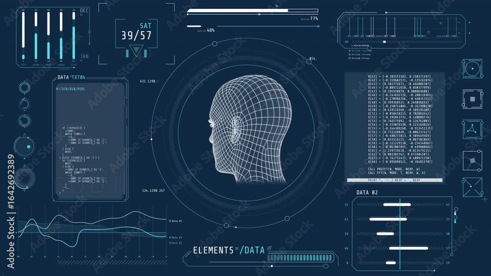 Wall mural animation of a high-tech display with head scanning and data processing