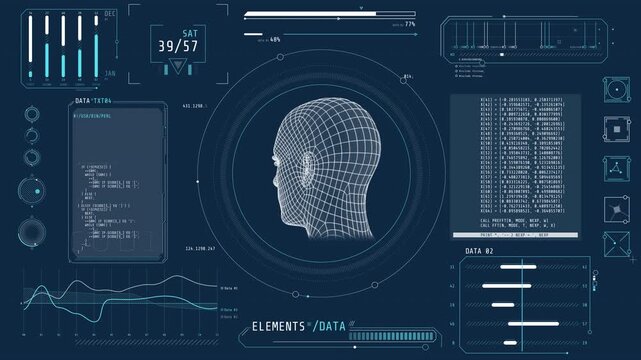 Animation of a high-tech display with head scanning and data processing - Powered by Adobe