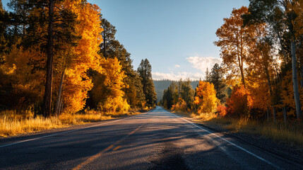 Fototapeta premium A road stretches through a forest with trees displaying autumn colors bright