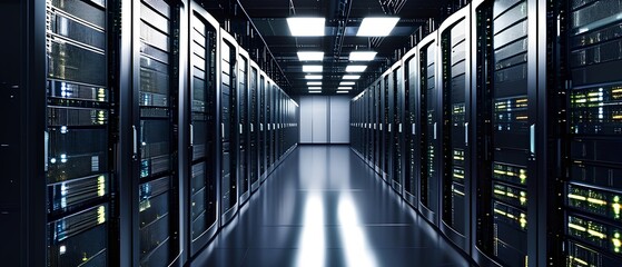 Data center operations modern facility technology infrastructure controlled environment aisle view high-tech management