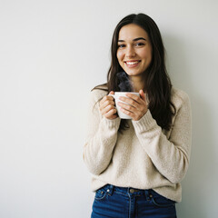 Young Woman Holding A Cup Of Tea And Smiling, Cozy Clothing, White Background