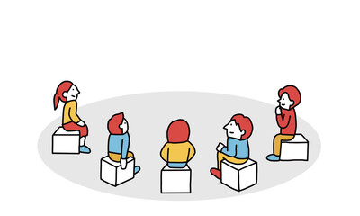 四角い箱の上に座って一緒に何かを見ている人々