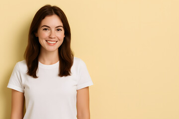 Fototapeta premium Portrait of smiling woman in white t shirt on yellow background studio