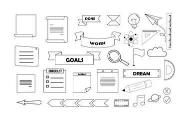 Set of Office and Work Planning Icons, Stationery and Document Vector Elements, Minimal Line Style, Isolated on Transparent Background