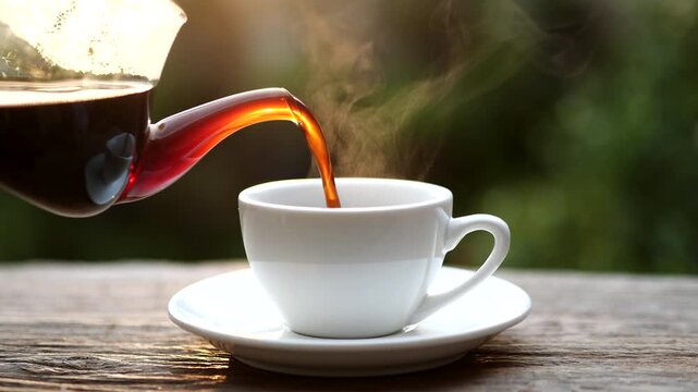 Hot coffee being poured into a white cup with steam rising, symbolizing warmth, energy, and relaxation. Perfect for cafe, breakfast, beverage, or morning lifestyle, Hot coffee concepts, 4K.