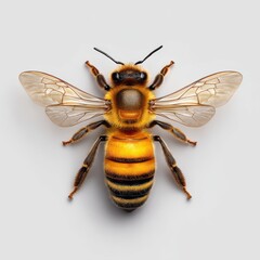 Close up overhead view of a european honey bee with detailed wings and body