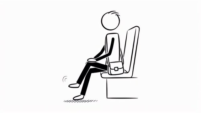 Animated Stick Figure Passenger Adjusting Anxiously on a Train Car Seat with Black Outline on White Background Looping to Symbolize Everyday Commute Pressures