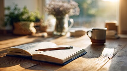 Open notebook, pencil, and coffee cup on a wooden table by a window. Sunlight streams in