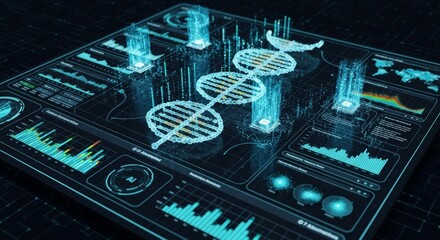 A digital interface displaying DNA sequences and data analytics. The design features glowing graphs and holographic elements, representing biotechnology and data science.