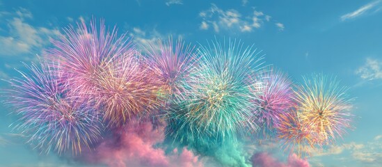 Vibrant pastel fireworks burst against a bright blue sky