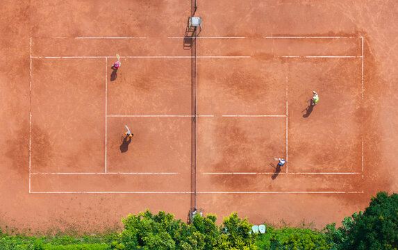 Aerial Tennis Court Clay Surface Players Game Overhead