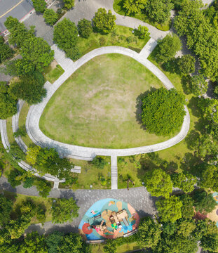Aerial Circular Park Green Field Playground Overhead View