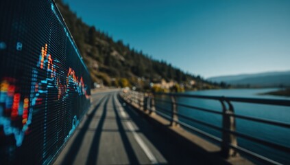 Financial data displayed on a billboard near a lake