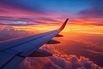 Obraz premium Airplane wing at sunset, clouds below