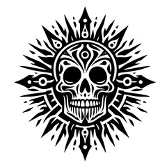 Ornate Skull Tribal Design Black and White Vector Illustration