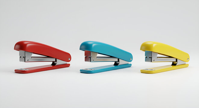Two brightly colored staplers on a minimalist white background.