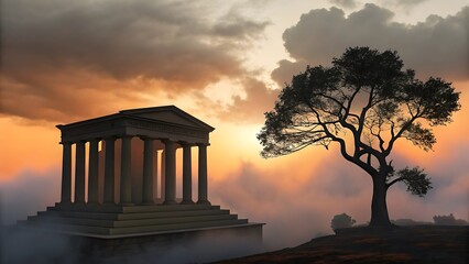 Ancient greek temple ruins with tree at sunset wallpaper background for desktop and mobile phone users