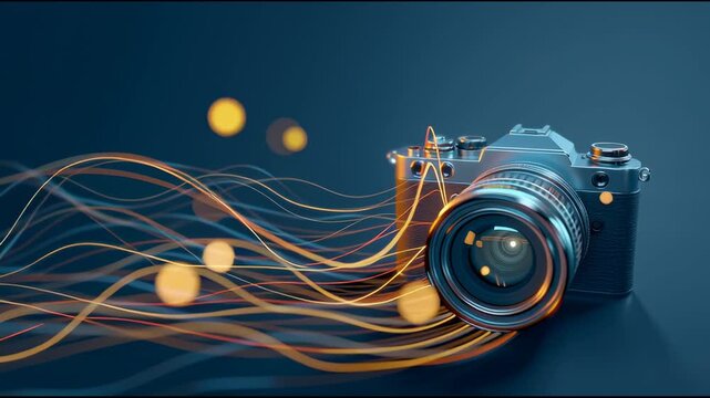real photography, A simple and sophisticated banner featuring a modern mirrorless camera on a gradient background, with light streaks and bokeh balls spreading from its lens to symbolize the joy 