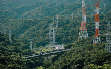 Industrial Landscape of Valley and Power Lines.