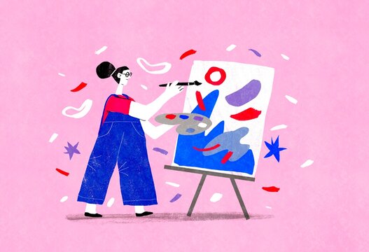 Woman painting abstract on canvas