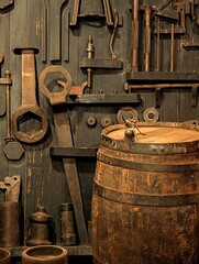 old steam locomotive. Old tools and wooden texture. 
