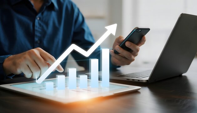 Business growth analytics chart on tablet with laptop and smartphone for data analysis - Powered by Adobe