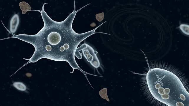 Microscopic Organisms: Amoeba, Paramecium, and Bacteria Illustration