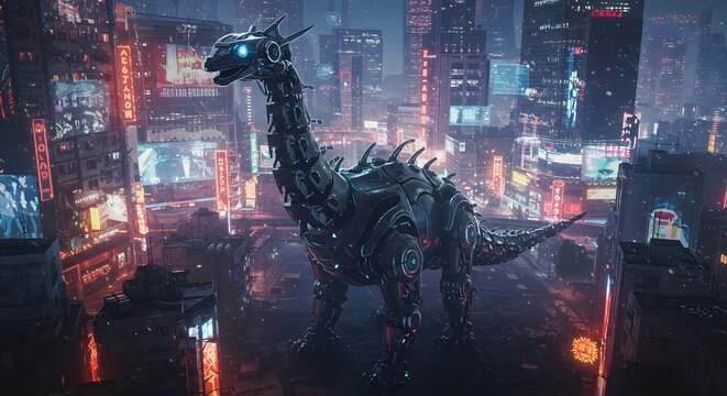 Robotic diplodoco dinosaur stands tall against a backdrop of a futuristic cityscape with neon lights shining bright