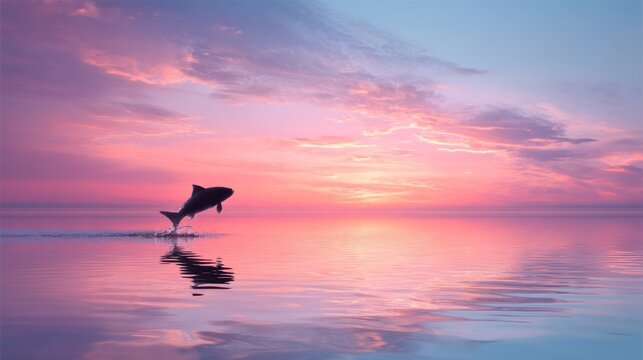 Fish silhouette jumping at sunset (peaceful pinks/blues)