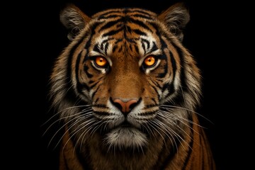 Closeup portrait of a majestic bengal tiger with intense, glowing amber eyes and striking orange and black stripes