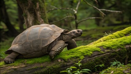 Obraz premium A giant galapagos tortoise walks slowly across a mosscovered log in a lush, green forest habitat